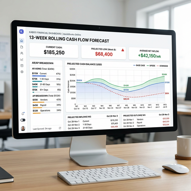 Cash flow forecasting dashboard with 13-week projection and scenario toggles