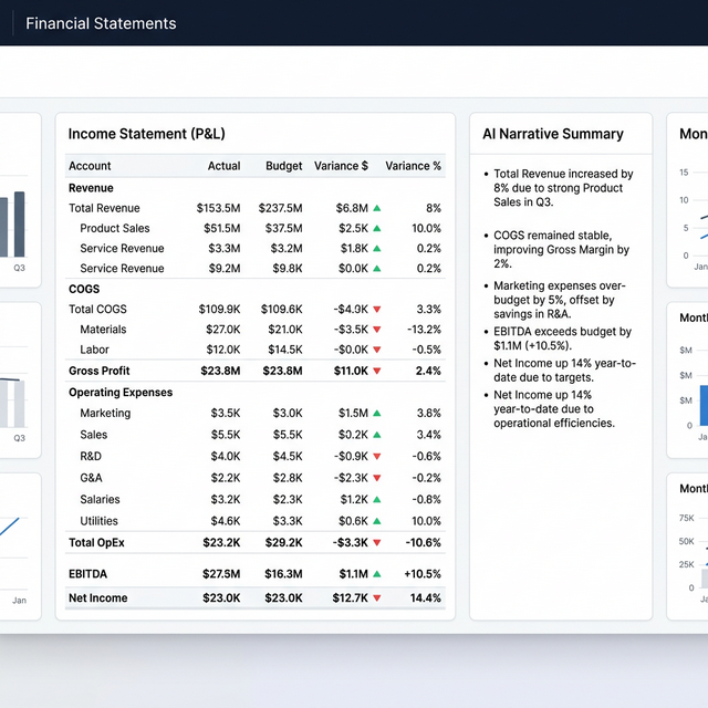 Financial reporting dashboard showing formatted P&L with AI narrative summary