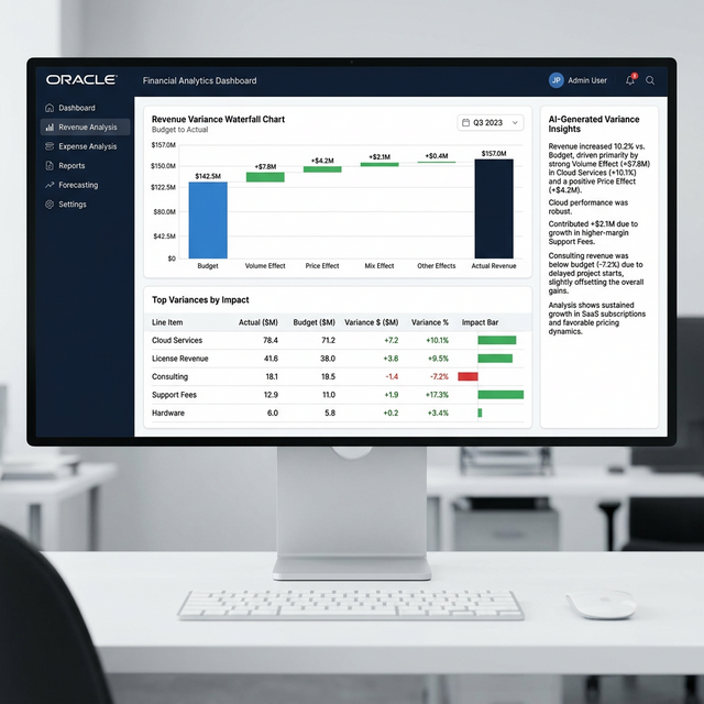 Variance analysis dashboard with waterfall chart and impact-ranked variance table